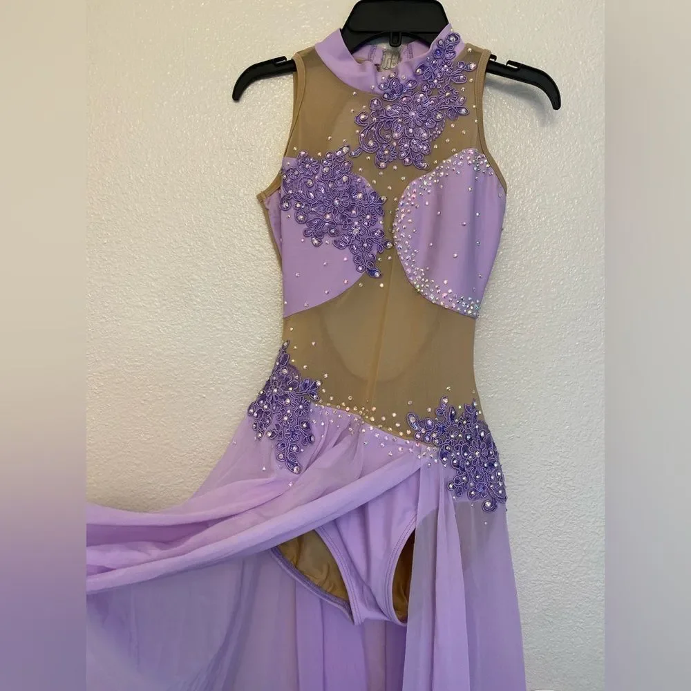 Custom solo dance costume lavender purple illusion leotard maxi dress stoned MA